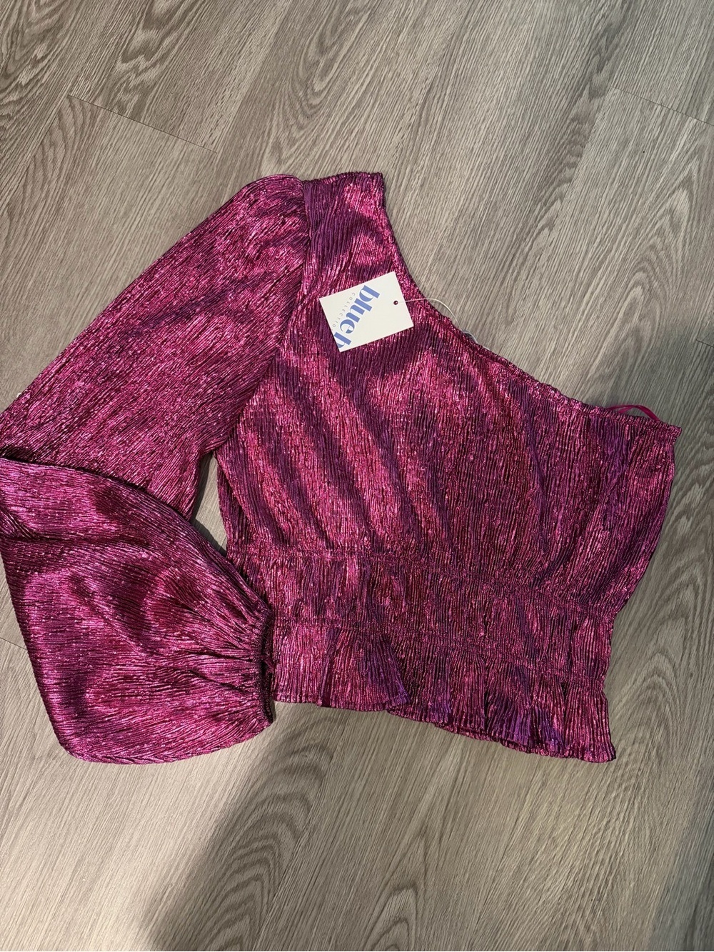 NWT One-Shoulder Fuchsia Crinkle Blouse - Women Tops - Picture 5 of 8